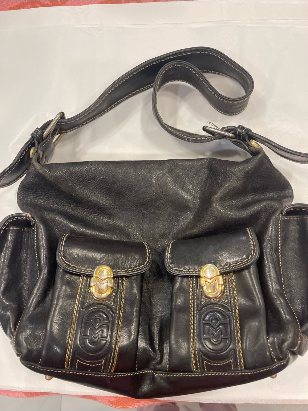 Marino Orlandi Black Leather Shoulder Bag with Gold Hardware